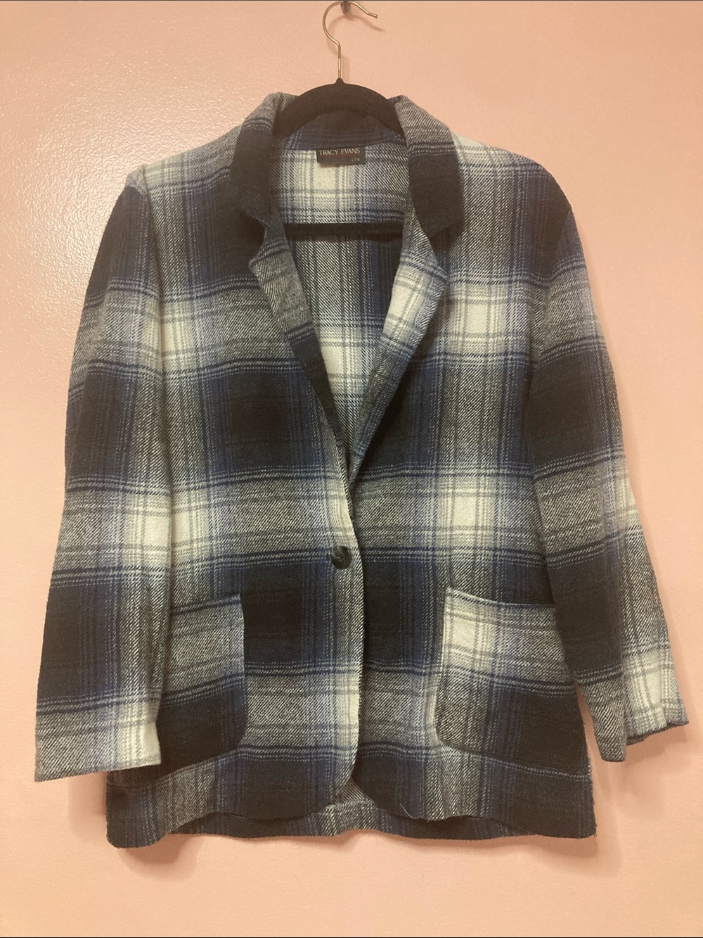 Tracy Evans Womens Size S Vintage Blue White Black Plaid Flannel Blazer Jacket